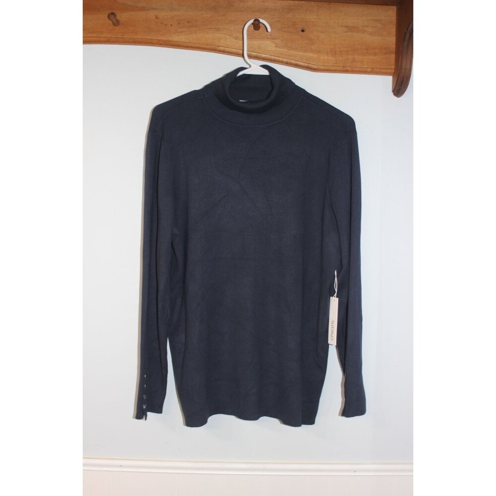Chicos Blue Ribbed Long Sleeve Turtleneck Sweater W/ Button Cuff Size 3 NWT